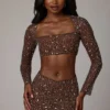 Thalassa doorschijnende mini-rok met versieringen en V-taille in diep cacao