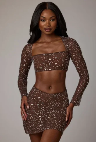 Thalassa doorschijnende mini-rok met versieringen en V-taille in diep cacao