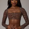 Guilia doorschijnende crop top met versieringen en lange mouwen in Deep Cocoa