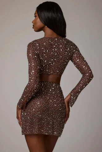 Thalassa doorschijnende mini-rok met versieringen en V-taille in diep cacao