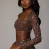 Guilia doorschijnende crop top met versieringen en lange mouwen in Deep Cocoa