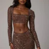 Guilia doorschijnende crop top met versieringen en lange mouwen in Deep Cocoa