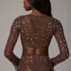 Guilia doorschijnende crop top met versieringen en lange mouwen in Deep Cocoa