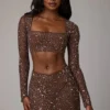 Guilia doorschijnende crop top met versieringen en lange mouwen in Deep Cocoa