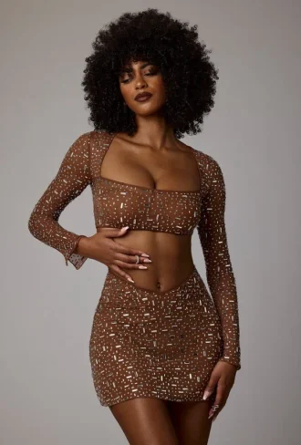 Guilia doorschijnende crop top met versieringen en lange mouwen in Mocha
