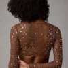 Guilia doorschijnende crop top met versieringen en lange mouwen in Mocha