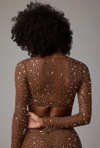 Guilia doorschijnende crop top met versieringen en lange mouwen in Mocha