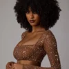 Guilia doorschijnende crop top met versieringen en lange mouwen in Mocha