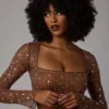 Guilia doorschijnende crop top met versieringen en lange mouwen in Mocha