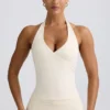 Halterneck tanktop met open rug in ivoorkleurig gemêleerd