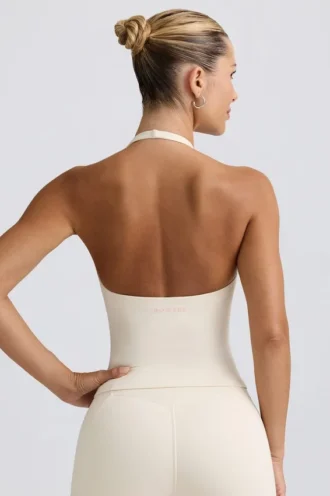Halterneck tanktop met open rug in ivoorkleurig gemêleerd
