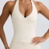 Halterneck tanktop met open rug in ivoorkleurig gemêleerd