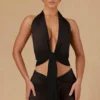 Harbour crop top met strik aan de voorkant en halternek in zwart