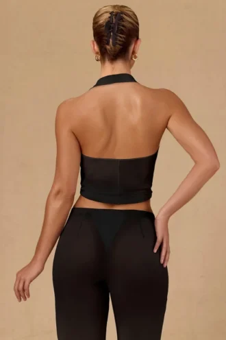 Harbour crop top met strik aan de voorkant en halternek in zwart