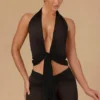 Harbour crop top met strik aan de voorkant en halternek in zwart