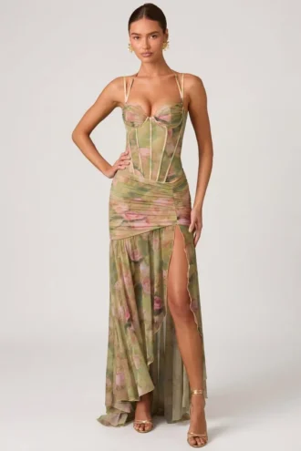 Haruna gerimpelde asymmetrische korsetjurk met bloemenprint