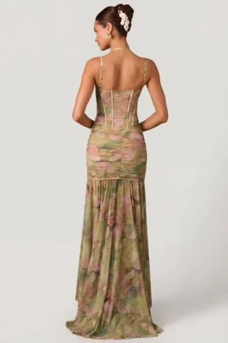 Haruna gerimpelde asymmetrische korsetjurk met bloemenprint