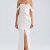 Hemera off-shoulder jurk met ruches in ivoor
