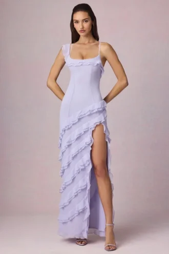 Hera asymmetrische jurk met ruches en vetersluiting in lila