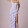 Hera asymmetrische jurk met ruches en vetersluiting in lila