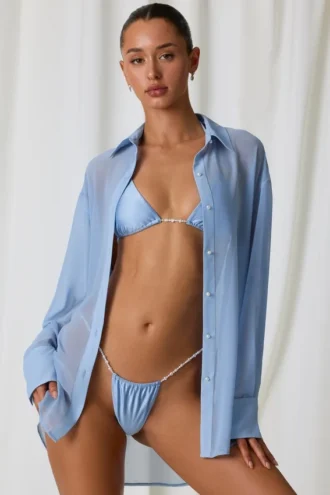 Hiva oversized shirt met parelversiering in hemelsblauw
