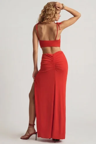 Imara Asymmetrische maxi-jurk van jersey met textuur in Chilirood