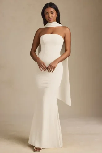 Imogene strapless jurk met sjaaldetail in ivoor
