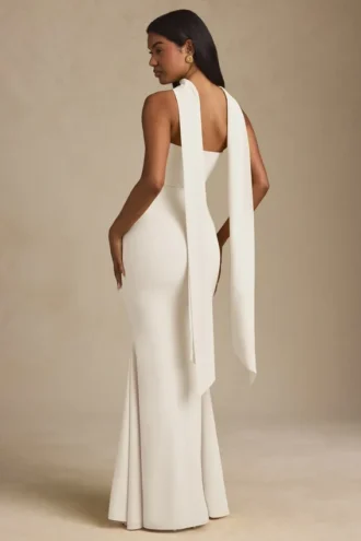 Imogene strapless jurk met sjaaldetail in ivoor