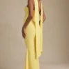 Imogene strapless jurk met sjaaldetail in pastelgeel