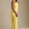 Imogene strapless jurk met sjaaldetail in pastelgeel