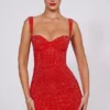 Ines versierde mini-corsetjurk met sweetheart-hals in vuurrood