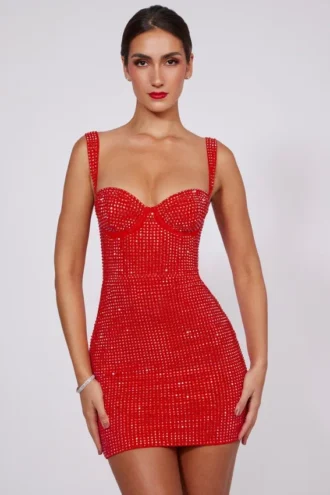 Ines versierde mini-corsetjurk met sweetheart-hals in vuurrood