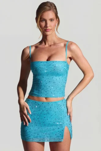 Inina versierd micro-minirok met middelhoge taille in aquablauw