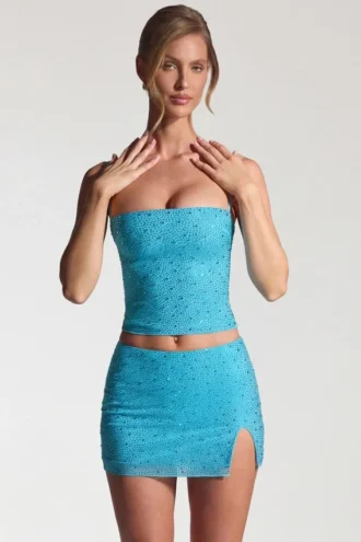 Inina versierd micro-minirok met middelhoge taille in aquablauw
