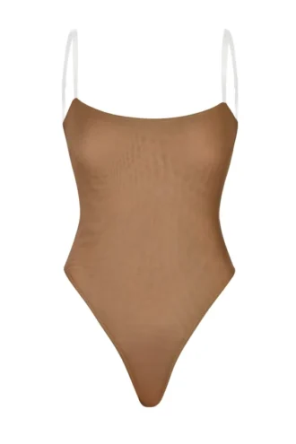 Intimates Soft Mesh Invisible Strap Thong Body in Almond