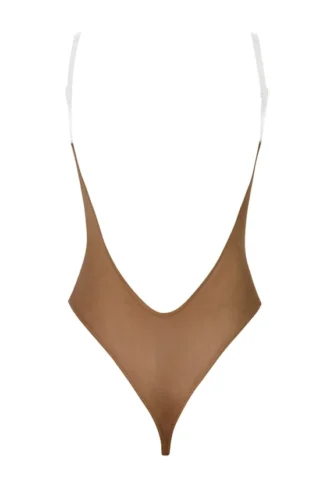 Intimates Soft Mesh Invisible Strap Thong Body in Almond