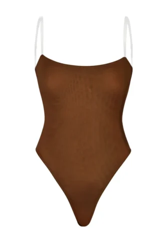 Intimates Soft Mesh Invisible Strap Thong Body in Chestnut