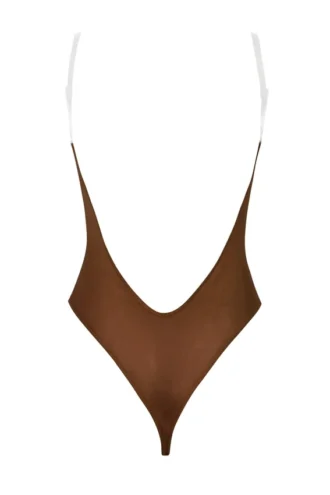 Intimates Soft Mesh Invisible Strap Thong Body in Chestnut