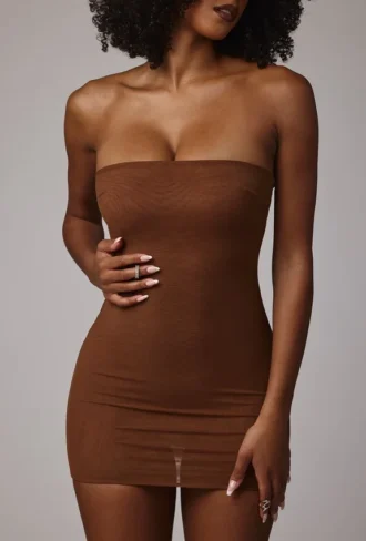 Intimates Soft Sheer-Mesh Bandeau Mini Slip Jurk in Mocha