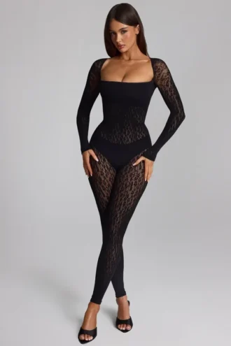 Irina naadloze gebreide Jumpsuit met lange mouwen in zwart