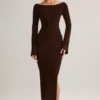 Isay geribbelde maxi-jurk met boothals en lange mouwen in chocoladebruin