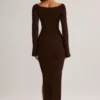 Isay geribbelde maxi-jurk met boothals en lange mouwen in chocoladebruin