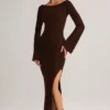 Isay geribbelde maxi-jurk met boothals en lange mouwen in chocoladebruin
