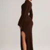Isay geribbelde maxi-jurk met boothals en lange mouwen in chocoladebruin