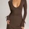 Iskra Modal minijurk met lange mouwen in chocoladebruin