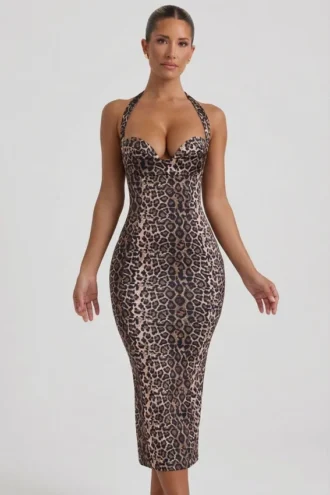 Ismay gelaagde halternek bodycon midi-jurk in luipaardprint