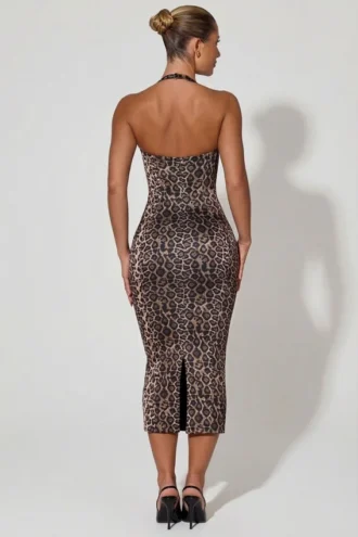Ismay gelaagde halternek bodycon midi-jurk in luipaardprint