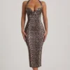 Ismay gelaagde halternek bodycon midi-jurk in luipaardprint