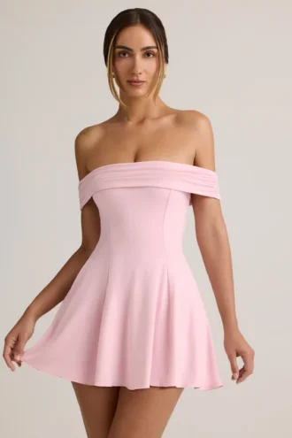 Jaida Modal off-shoulder A-lijn minijurk in babyroze