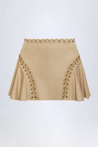 Jalsa mini-rok met vetersluiting en middelhoge taille in tan